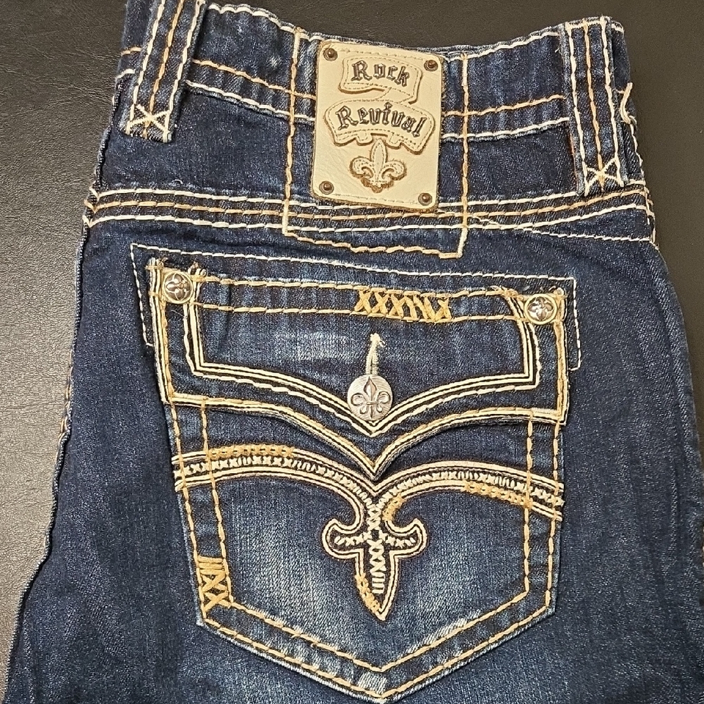 Rock Revival Dark Blue Jeans with Tan Stitching